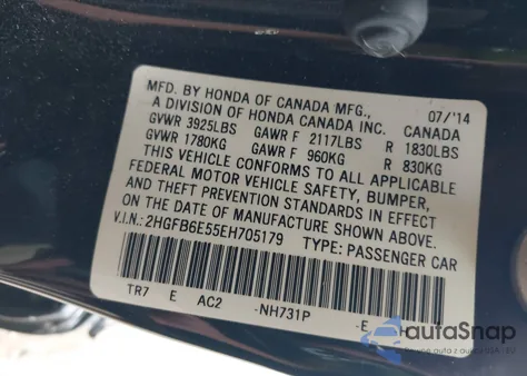 2014 Honda Civic Si from USA, damaged, VIN 2HGFB6E55EH705179